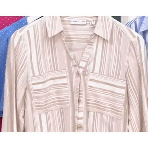 Susan Graver Womens 3X Yarn Dyed Button Front Shirt Tan Stripe Chest Pockets NWT - Picture 2 of 3